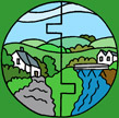 Image displaying the logo of the Littleham & Landcross Parish - a vertically divided circular stained glass window with a stylised view of each parish in each half